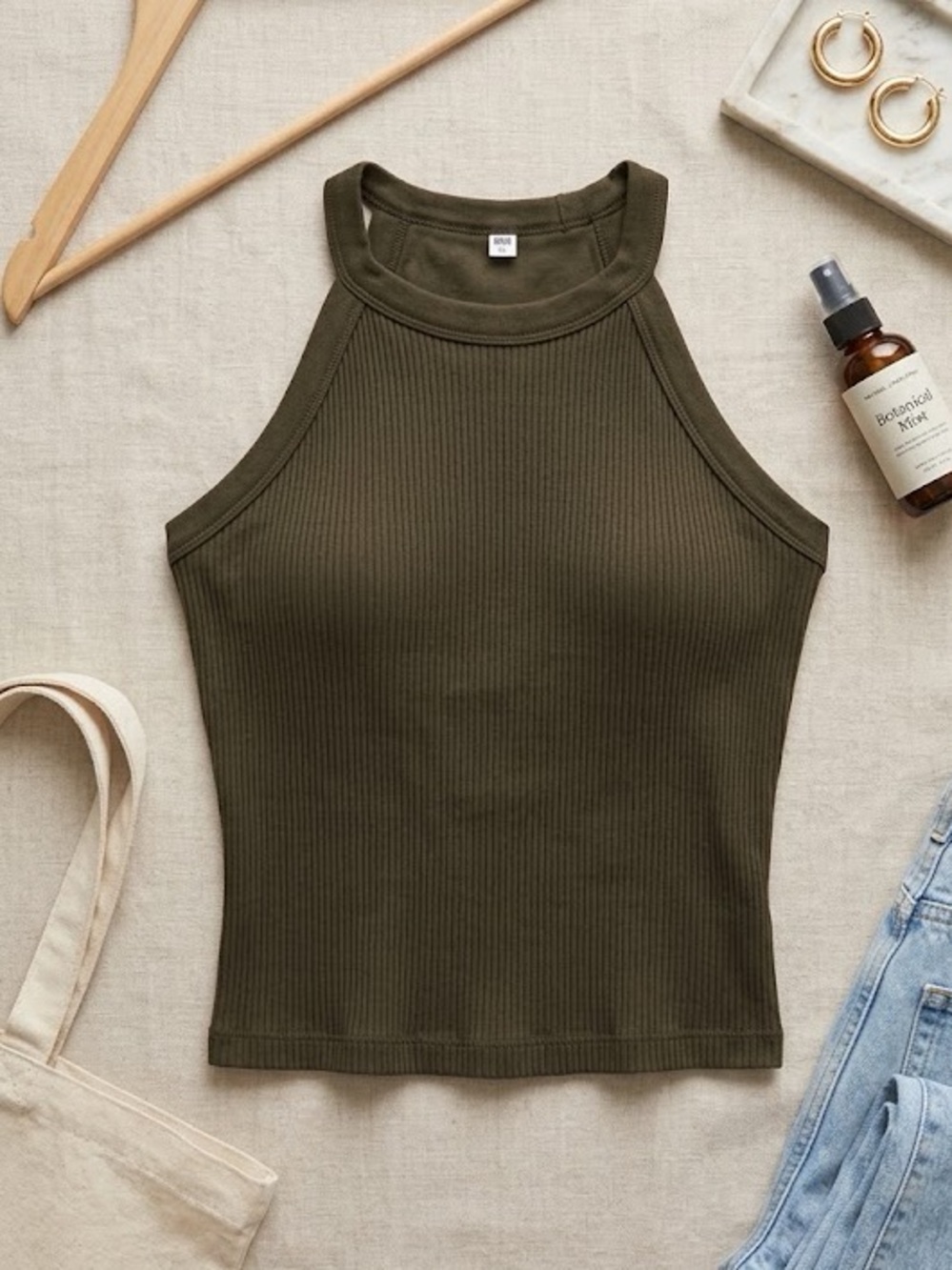 Uniqlo Olive Ribbed Halter Tank - Dark Olive Green